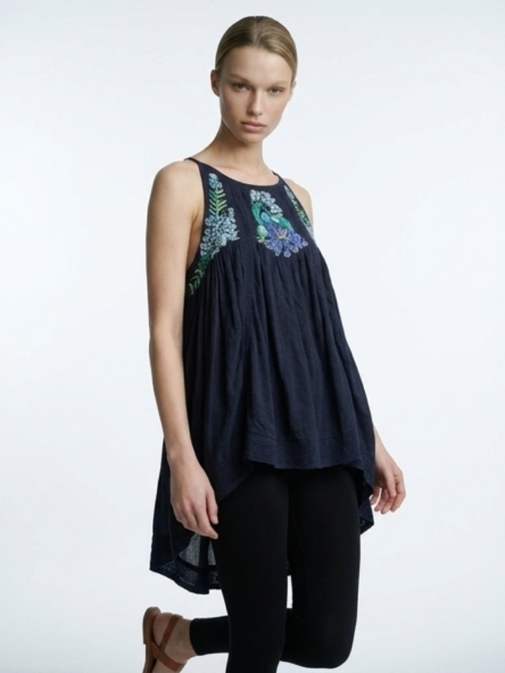 Free People Navy Floral Embroidered High-Low Tunic